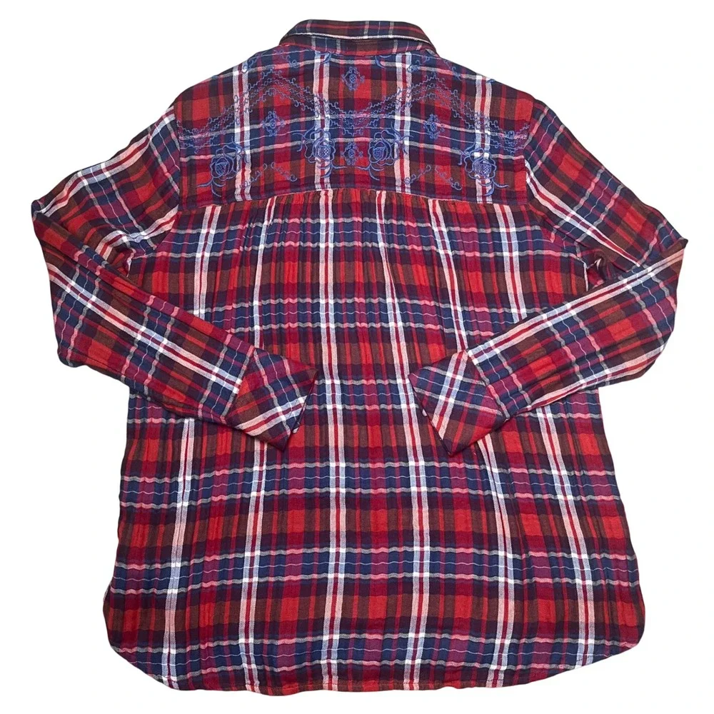 Free People Button Down Shirt Womens Small Red Plaid Floral Embroidered Boho